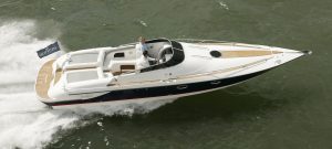 white hunton powerboat aerial view