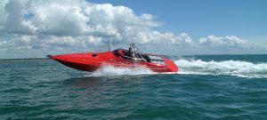 red hunton powerboat in open water